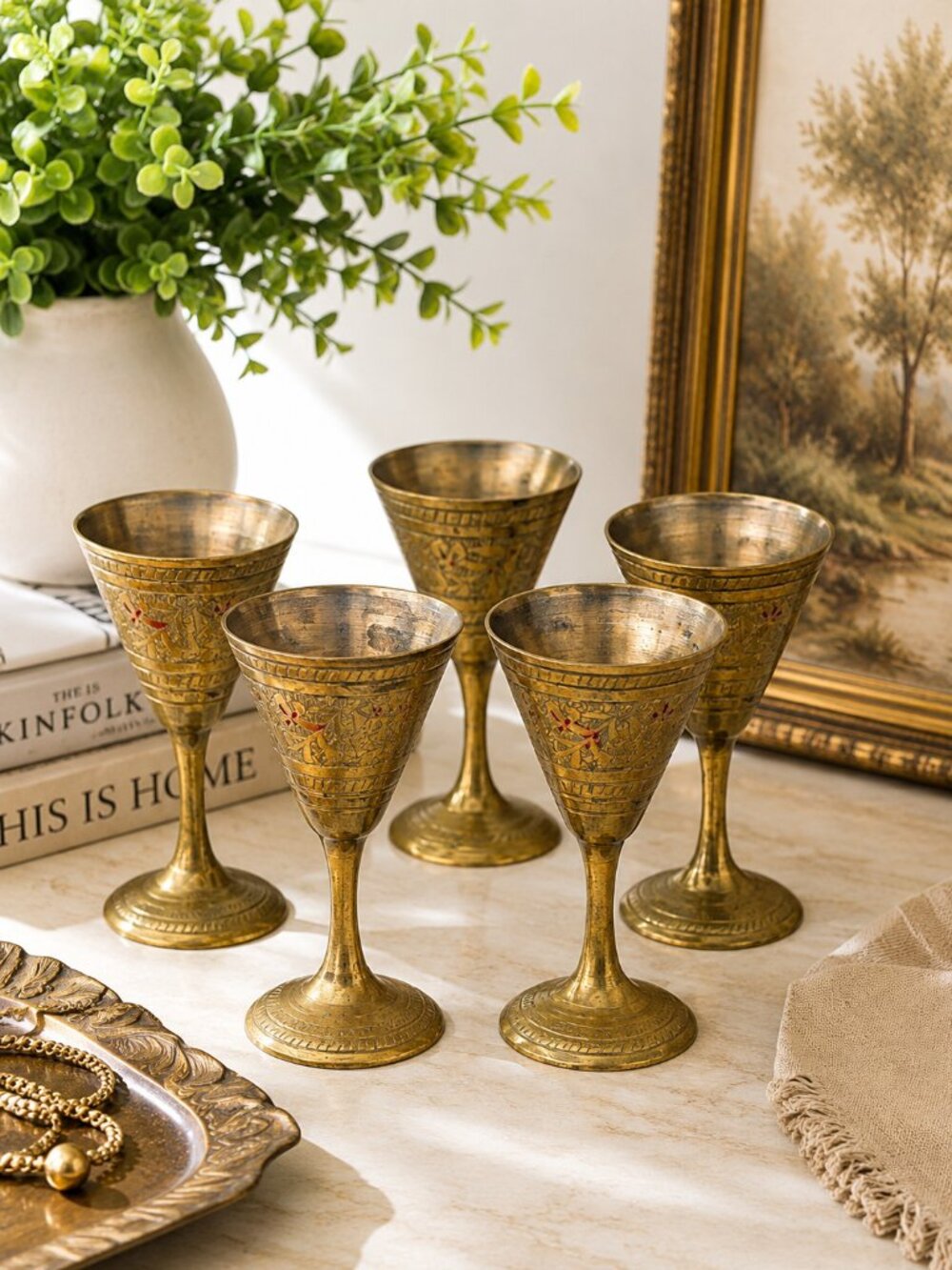 Vintage Set of 5 Engraved Brass Goblets Chalice Cups Etched Red Enamel - India